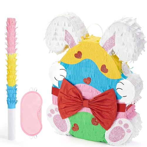 WERNNSAI Oster Pinata - Osterparty Dekorationen für Kinder Osterhasen Pinata mit Augenbinde und Stock Geburtstagsfeier Schulaktivitäten Spiel Frühlingsparty Spiel Piñata Frühlings Kaninchen Piñata von WERNNSAI