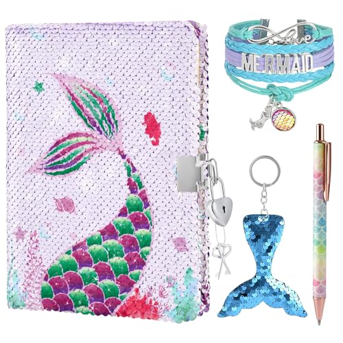 WERNNSAI Mermaid Tagebuch für Mädchen - Pailletten Journal Kit A5 Notizubuch Armband Schlüsselanhänger Stift Tagebuch mit Schloss Geburtstag Weihnachten Geschenke für Mädchen 6-12 von WERNNSAI