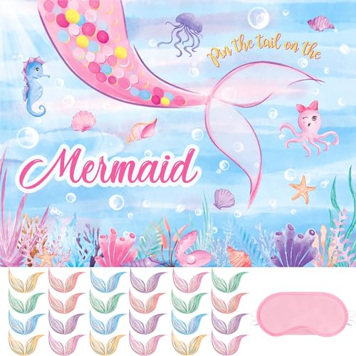 WERNNSAI Pin the Tail on the Mermaid Game - Meerjungfrau Party Supplies for Kids Girls 71 x 53cm Game Poster with 24 Pcs Reusable Tails Aufkleber Eye Mask Birthday Party Favor Sets von WERNNSAI