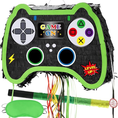 WERNNSAI Pinata mit Zugschnur für Videospiele – Pinata mit Gamecontroller mit Augenbinde und Schlagstock für Jungen Kinderspiel Geburtstagsparty Dekoration faltbare Pinata von WERNNSAI