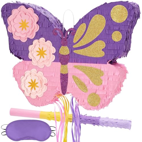 WERNNSAI Schmetterlings Piñata – Schmetterling Geburtstagsdeko Zubehör Pinata für Mädchen Piñata mit Stock und Augenbinde Kinder 42 x 31 cm Piñata mit Zugschnur Partydekorationen zum Thema Schmetterl von WERNNSAI