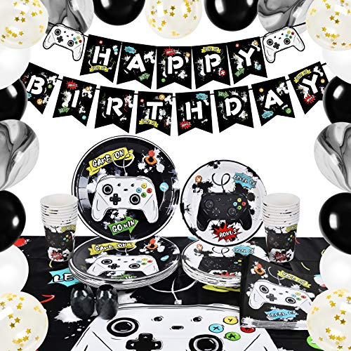 Videospiel Party Zubehör - Spiel Party Dekoration für Jungen Geburtstag Banner Ballons Teller Tassen Servietten Tischdecke Geschirr Set Dient 16 Gäste 89 PCS von WERNNSAI