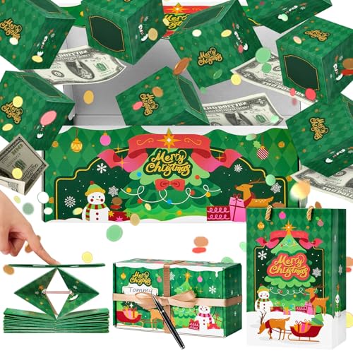 WERNNSAI Weihnachts-Überraschungs-Geschenk-Box – Weihnachtsbaum-Explosionsboxen mit Konfetti-Geld, zusammenklappbar, grüner Baum, explodierende Geschenkboxen (8 Sprünge) für Kinder und Erwachsene von WERNNSAI