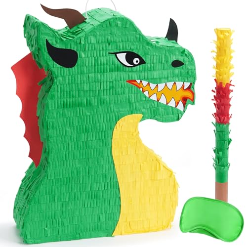 WERNNSAI Drachen Piñata – Drachen Party Dekorationen Pinata Bundle mit Augenbinde und Stock Partyzubehör zum Thema Dinosaurier Geburtstagsparty Spiel für Jungen Karnevalsdekorationen für Kinder von WERNNSAI