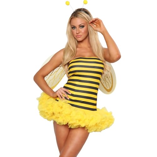 Damen Halloween Biene Kostüm Set Ärmelloses Cami Kleid mit niedlichem Stirnband und Netzflügel Tier Cosplay Fee Outfit (E Gelb, S) von WERNZATT