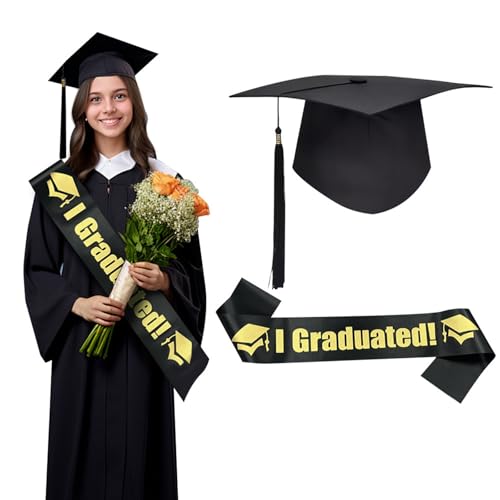 WERNZATT Abschluss-Outfit, Kappe und Schultergurte, 2 Stück, Anti-Fall-Quasten, Satin-Schärpe, Set für Abschlussfeier, Party, Foto (Schwarz, Einheitsgröße) von WERNZATT