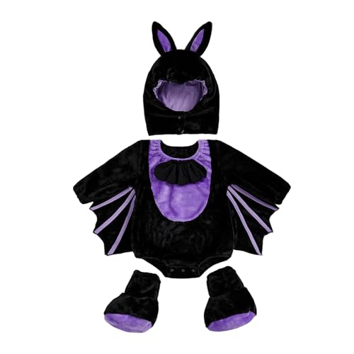 WERNZATT Baby-Halloween-Kostüme für Kleinkinder, Mädchen, Jungen, Tier-Cosplay-Outfits, flauschig, warm, lustig, mit Reißverschluss und Beinstulpen (schwarze Fledermaus, 12–18 Monate) von WERNZATT