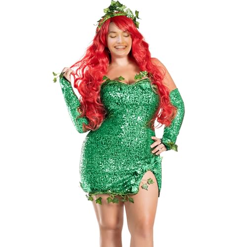 WERNZATT-Damen Ärmellos Pailletten Kleid mit Handschuhen Set Grünes Efeu Kostüm Halloween Kostüme Funkelnde Partykleider (Bright Green, L) von WERNZATT