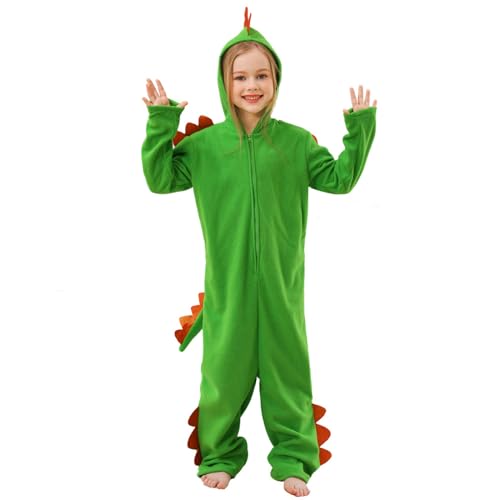 WERNZATT-Dinosaurier Kostüm für Kinder Deluxe lange Ärmel Zip Up Jumpsuit Tier Kindertag Halloween-Kostüm für Jungen Mädchen (Grün, M) von WERNZATT
