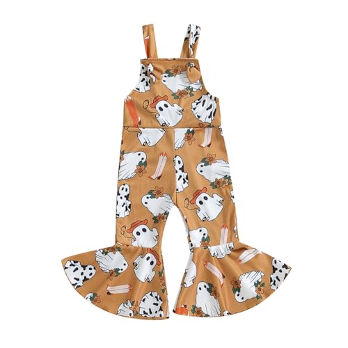WERNZATT Halloween Baby Mädchen Outfit Kürbis Geist Gedruckt Pender Romper Overalls Jumpsuit Glocke Boden Hosen Kleinkind Kleidung (Yellow, 18-24 Months) von WERNZATT