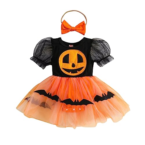WERNZATT Halloween Baby Mädchen Outfit Puff Ärmel Patchwork Hexe Fledermaus Tüll Tutu Kleid Romper Mit Stirnband Kleinkind Kleidung (Black 2, 6-12 Months) von WERNZATT