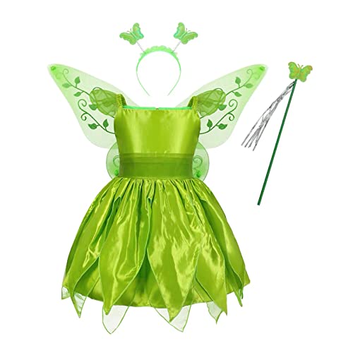 WERNZATT-Kinder Mädchen Cosplay Kostüm Requisiten Set, Grünes Kleid Schmetterling Flügel Rock Pannier Fairy Stick Schmuck Set (4PCS-Grün, 11-12 Years) von WERNZATT