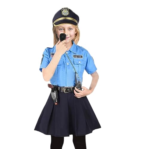 WERNZATT-​Kinder Mädchen Polizist Kostüm Gesticktes T-Shirt Rock Hut Gürtel Spielzeug Halloween Party Polizei Verkleidung (Blau, S) von WERNZATT
