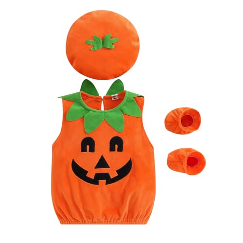 WERNZATT Kleinkind Baby Junge Mädchen Halloween Outfit Ärmellos Bodysuit Kürbis Kostüme Tank Tops Hut Halloween Cosplay Kostüm (Orange 4, 0-6m) von WERNZATT