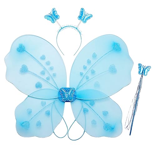 WERNZATT-Mädchen Schmetterlingsflügel Faltbarer Feenflügel Stirnband Feenstab Set Halloween Kostüme für Party Rollenspiel (Blau, 3PCS) von WERNZATT