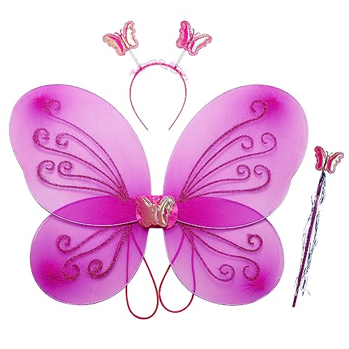 WERNZATT-Mädchen Schmetterlingsflügel Faltbarer Feenflügel Stirnband Feenstab Set Halloween Kostüme für Party Rollenspiel (Rosenrot, 3PCS) von WERNZATT