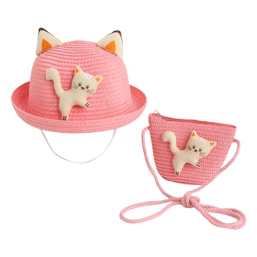 WERNZATT-Mädchen Strohhut Set Niedliches Kätzchen Hase Gerollt Sonnenhut Strand Hut mit Crossbody Tasche für 2-7 Jahre Kinder (Pfirsich Rosa, 2-7 Years) von WERNZATT