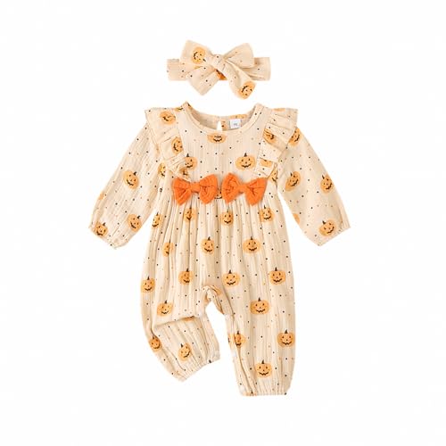 WERNZATT Neugeborenes Baby Mädchen Halloween Outfit Ruffle Langarm Kürbis Romper Jumpsuit Mit Stirnband Bodysuit Overalls Kleidung (Apricot 3, 0-3 Months) von WERNZATT