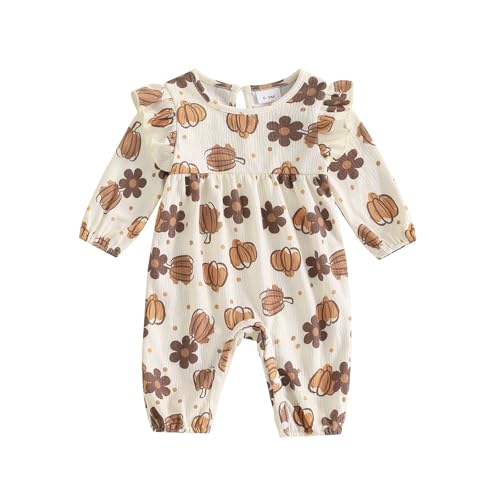 WERNZATT Neugeborenes Baby Mädchen Halloween Outfit Ruffle Langarm Kürbis Romper Jumpsuit Mit Stirnband Bodysuit Overalls Kleidung (Apricot 5, 0-3 Months) von WERNZATT
