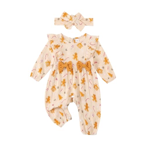 WERNZATT Neugeborenes Baby Mädchen Halloween Outfit Ruffle Langarm Kürbis Romper Jumpsuit Mit Stirnband Bodysuit Overalls Kleidung (Apricot 6, 6-9 Months) von WERNZATT