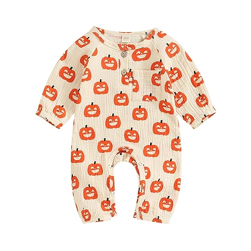 WERNZATT Neugeborenes Baby Mädchen Halloween Outfit Ruffle Langarm Kürbis Romper Jumpsuit Mit Stirnband Bodysuit Overalls Kleidung (Apricot 7, 3-6 Months) von WERNZATT