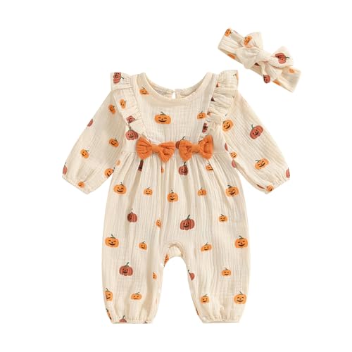 WERNZATT Neugeborenes Baby Mädchen Halloween Outfit Ruffle Langarm Kürbis Romper Jumpsuit Mit Stirnband Bodysuit Overalls Kleidung (Beige 2, 0-3 Months) von WERNZATT