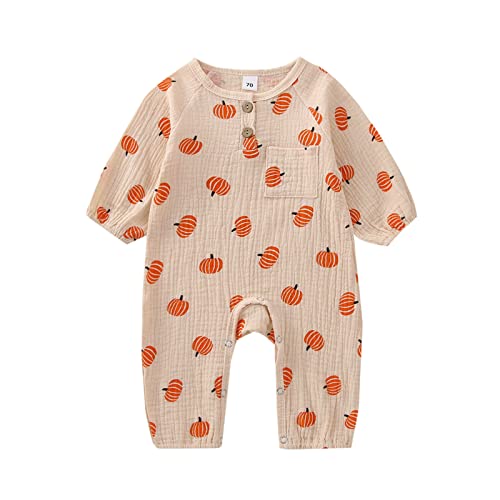WERNZATT Neugeborenes Baby Mädchen Halloween Outfit Ruffle Langarm Kürbis Romper Jumpsuit Mit Stirnband Bodysuit Overalls Kleidung (Beige 4, 12-18 Months) von WERNZATT