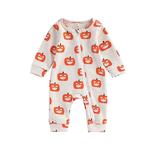 WERNZATT Neugeborenes Baby Mädchen Halloween Outfit Ruffle Langarm Kürbis Romper Jumpsuit Mit Stirnband Bodysuit Overalls Kleidung (Beige 9, 6-12 Months) von WERNZATT