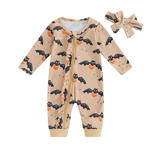 WERNZATT Neugeborenes Baby Mädchen Halloween Outfit Ruffle Langarm Kürbis Romper Jumpsuit Mit Stirnband Bodysuit Overalls Kleidung (Brown 8, 3-6 Months) von WERNZATT