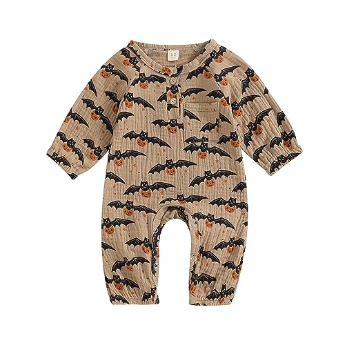 WERNZATT Neugeborenes Baby Mädchen Halloween Outfit Ruffle Langarm Kürbis Romper Jumpsuit Mit Stirnband Bodysuit Overalls Kleidung (Khaki Bat, 3-6 Months) von WERNZATT