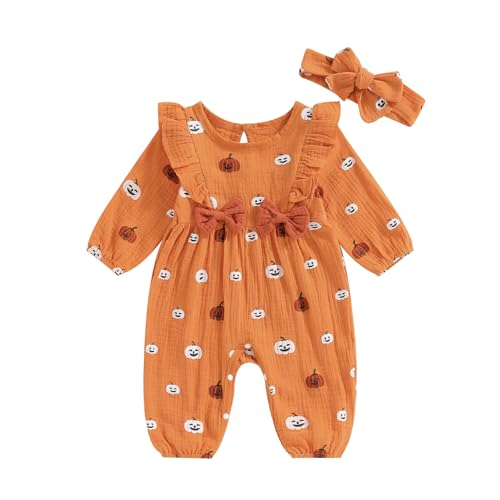 WERNZATT Neugeborenes Baby Mädchen Halloween Outfit Ruffle Langarm Kürbis Romper Jumpsuit Mit Stirnband Bodysuit Overalls Kleidung (Orange, 1-3 Months) von WERNZATT