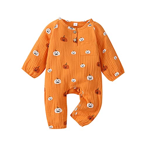WERNZATT Neugeborenes Baby Mädchen Halloween Outfit Ruffle Langarm Kürbis Romper Jumpsuit Mit Stirnband Bodysuit Overalls Kleidung (Orange 2, 0-3 Months) von WERNZATT