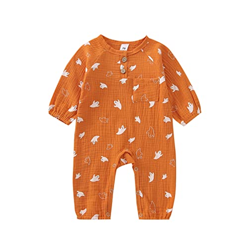 WERNZATT Neugeborenes Baby Mädchen Halloween Outfit Ruffle Langarm Kürbis Romper Jumpsuit Mit Stirnband Bodysuit Overalls Kleidung (Orange 4, 6-12 Months) von WERNZATT
