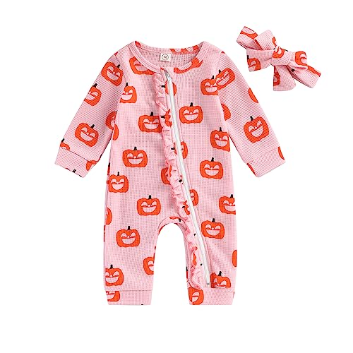 WERNZATT Neugeborenes Baby Mädchen Halloween Outfit Ruffle Langarm Kürbis Romper Jumpsuit Mit Stirnband Bodysuit Overalls Kleidung (Pink 9, 12-18 Months) von WERNZATT