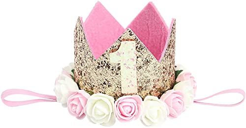 WERTYT 1 Jahr Geburtstag Baby Krone,Baby Mädchen erster Geburtstag Krone Hut Prinzessin Tiara Party Krone mit Rose Blumen, Gold, 7 cm von WERTYT