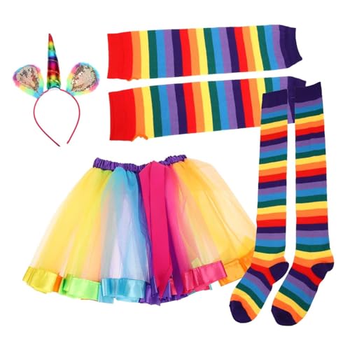 WESIEVYA 1 Set Regenbogenanzug, Regenbogen Kopfschmuck, Stirnband, Rock Für Erwachsene Für Kostümpartys, Kostümdekor Zubehör, Dekorative Handschuhe, Regenbogenkostüm, von WESIEVYA