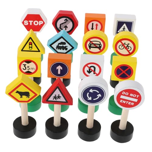 WESIEVYA 16 Stück Mini Verkehrszeichen aus Holz Teiliges für Kleinkinder Pädagogisches Verkehrsschild Spielset für Frühes Lernen und Verkehrssicherheit für Zuhause und Kindergarten von WESIEVYA