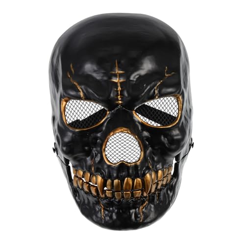 WESIEVYA Halloween Maske für Erwachsene Bewegliche Mund Skelett Vollgesichtsmaske aus Kunststoff Atmungsaktive Gruselige Halloween Dekoration für Kostümparty Cosplay Karneval Dunkles Gold von WESIEVYA