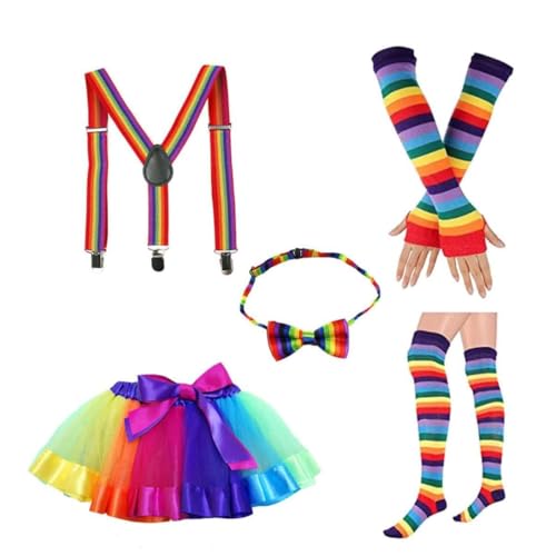 WESIEVYA Regenbogen Tutu Rock Set Mit Buntem Schleifen Accessoire Langen Handschuhen Und Strümpfen Für Damen Perfekte Wahl Für Faschingskostüme Und Partykleidung von WESIEVYA