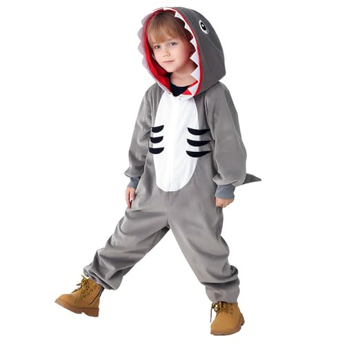 WESOPAN Schlafanzug für Kinder, Einteiler, Plüsch-Tier-Nachtwäsche für Jungen und Mädchen, perfekt für Halloween, Cosplay und Weihnachts-Outfit (Hai, Größe XL/Körpergröße 135–145 cm/53–57) von WESOPAN
