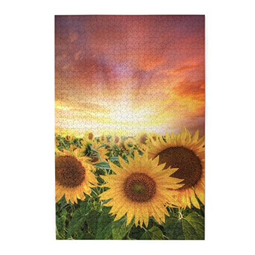 Sonnenblumen, Sonnenuntergang, Sonnenlicht, Landschaft, buntes Holzpuzzle – herausforderndes Bilder-Puzzle-Spiel für Erwachsene und Puzzle-Enthusiasten – 1000-teiliges interaktives Puzzle von WESTCH