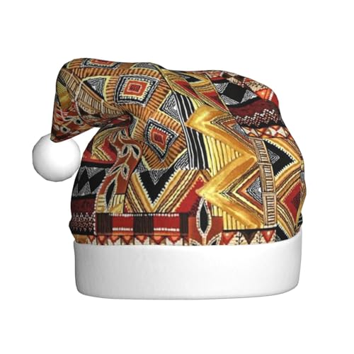 Warme und bequeme afrikanische Textil-Patchwork-Weihnachtsmütze für Erwachsene aus Plüsch mit weißem Rand – perfekte Urlaubsmütze für Weihnachten und festliche Partys im Freien von WESTCH