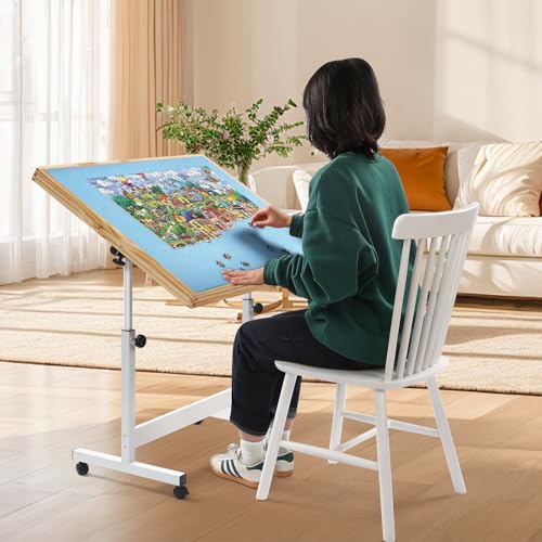 Holz-Puzzle-Klapptisch für Erwachsene und Kinder, Puzzle-Aufbewahrung, Kipptisch mit Rädern und Abdeckung, tragbares Brett für Spiele, Geschenk für Amateure (Blau, 1500 Stück) von WESTHL