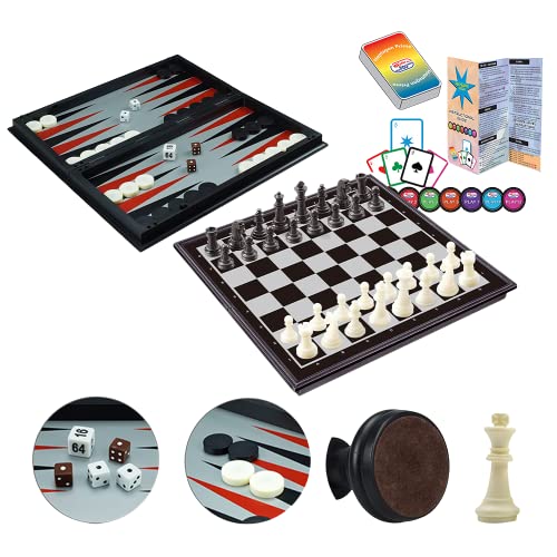4 in 1 Schach Dame Backgammon Set, Plus Bonus-Strategie-Kartenspiel. Magnetisches Schach Reisemagnetschach mit Faltetui 14,2 Zoll von WEofferwhatYOUwant