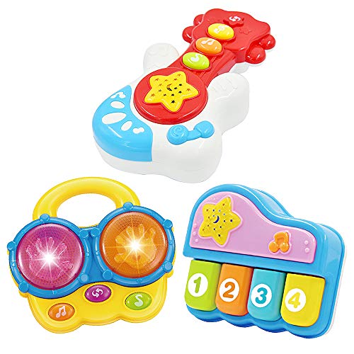 WEofferwhatYOUwant 3-in-1 Baby-Musikspielzeug-Set – Klavier, Bongo und Gitarre für die musikalische Früherziehung, Ton mit Lichtern ab 6 Monaten von WEofferwhatYOUwant