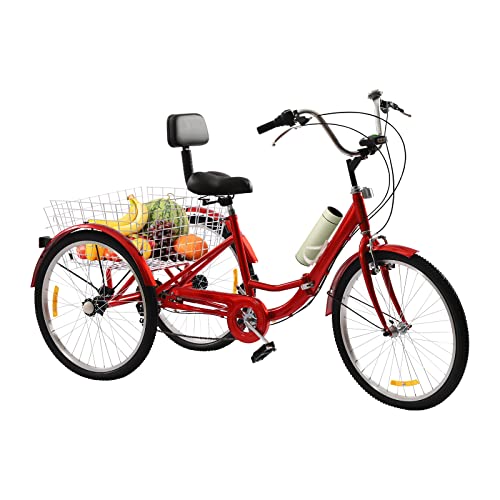 WFIETN - 24 Zoll Faltbare Dreirad für Erwachsene, 7-Gang 3 Räder Faltbares Fahrrad, City Tricycle Cruiser-Fahrrad mit Rückenlehne und Korb für Männer, Frauen, ältere Menschen von WFIETN