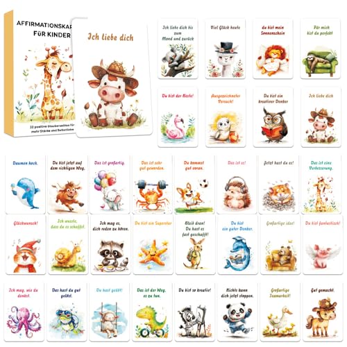 Affirmationskarten Kinder, 32pcs Mutmachkarten Gefühlskarten Achtsamkeitskarten Mutmacherkarten Motivationskarten Ermutigungskarten Selbstbewusstsein und Achtsamkeit Stärken Geschenk von WFKKMEQ
