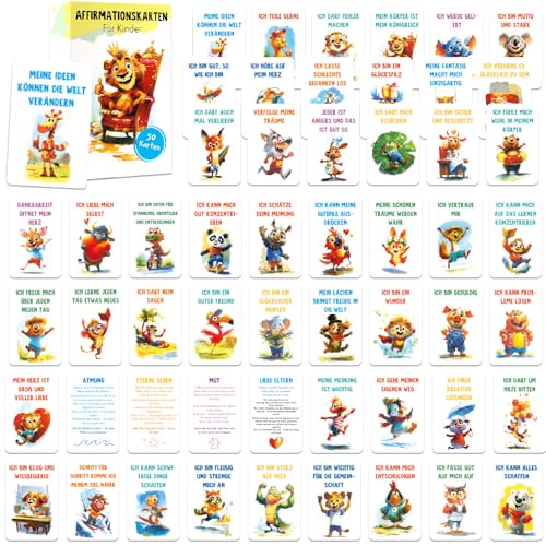 Affirmationskarten Kinder, 56pcs Mutmachkarten Gefühlskarten Achtsamkeitskarten Mutmacherkarten Ermutigungskarten Motivationskarten Selbstbewusstsein und Achtsamkeit Stärken (50 Karten, 6 Erklärtexte) von WFKKMEQ