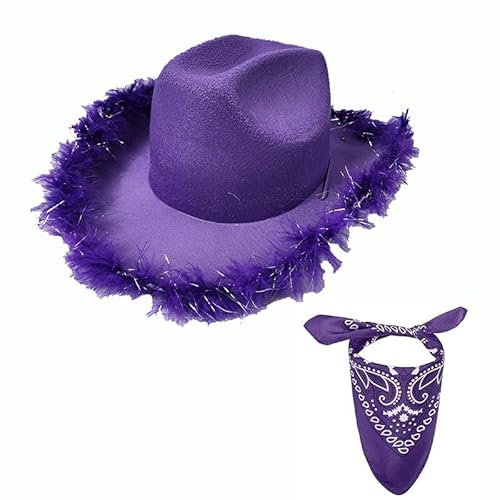 Cowboyhut für Damen, 4PCS Cowgirl Hut Zubehör Set mit Brille Halstuch Ohrringen Breiter Krempe Cowboyhüte Fashion Western Cowboy Hut Cowgirl Kostüm Accessoires für Halloween Karneval Cosplay (Lila) Cowboyhut für Damen, 4PCS Cowgirl Hut Zubehör Set mit Brille Halstuch Ohrringen Breiter Krempe Cowboyhüte Fashion Western Cowboy Hut Cowgirl Kostüm Accessoires für Halloween Karneval Cosplay (Lila) von WFKKMEQ