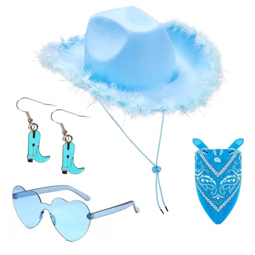 Cowboyhut für Damen, 4PCS Cowgirl Hut Zubehör Set mit Brille Halstuch Ohrringen Breiter Krempe Cowboyhüte Fashion Western Cowboy Hut Cowgirl Kostüm Accessoires für Halloween Karneval Cosplay (Blau) Cowboyhut für Damen, 4PCS Cowgirl Hut Zubehör Set mit Brille Halstuch Ohrringen Breiter Krempe Cowboyhüte Fashion Western Cowboy Hut Cowgirl Kostüm Accessoires für Halloween Karneval Cosplay (Blau) von WFKKMEQ